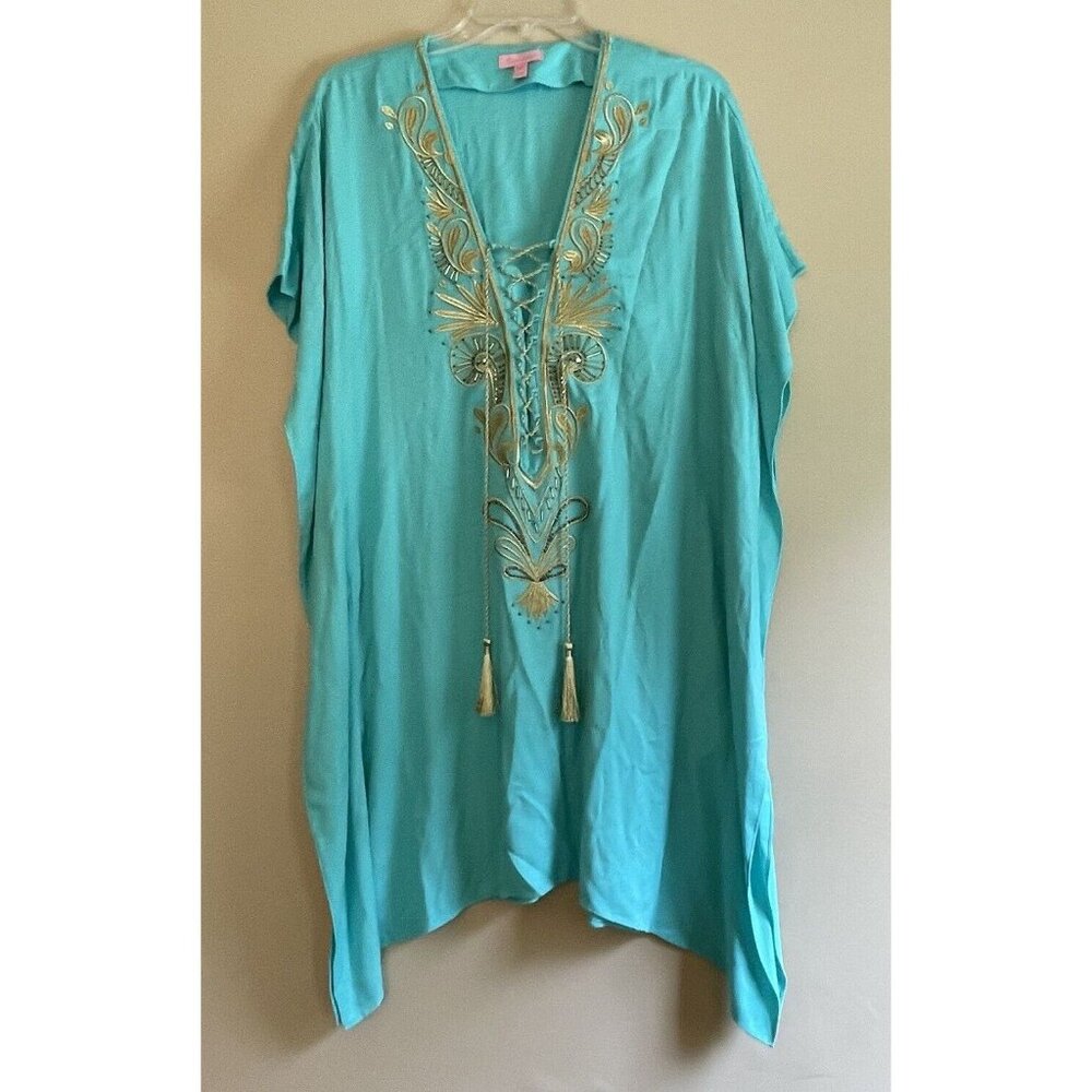 LILLY PULITZER Beaded Seaside Aqua Chai Caftan Swimsuit Coverup S/M - Picture 2 of 12